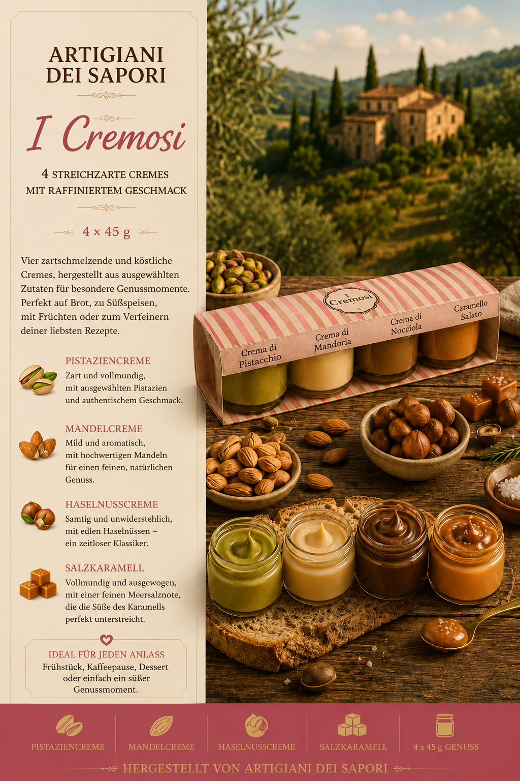 cremes, pistachio, mandelcreme, haselnusscreme, salzkaramell