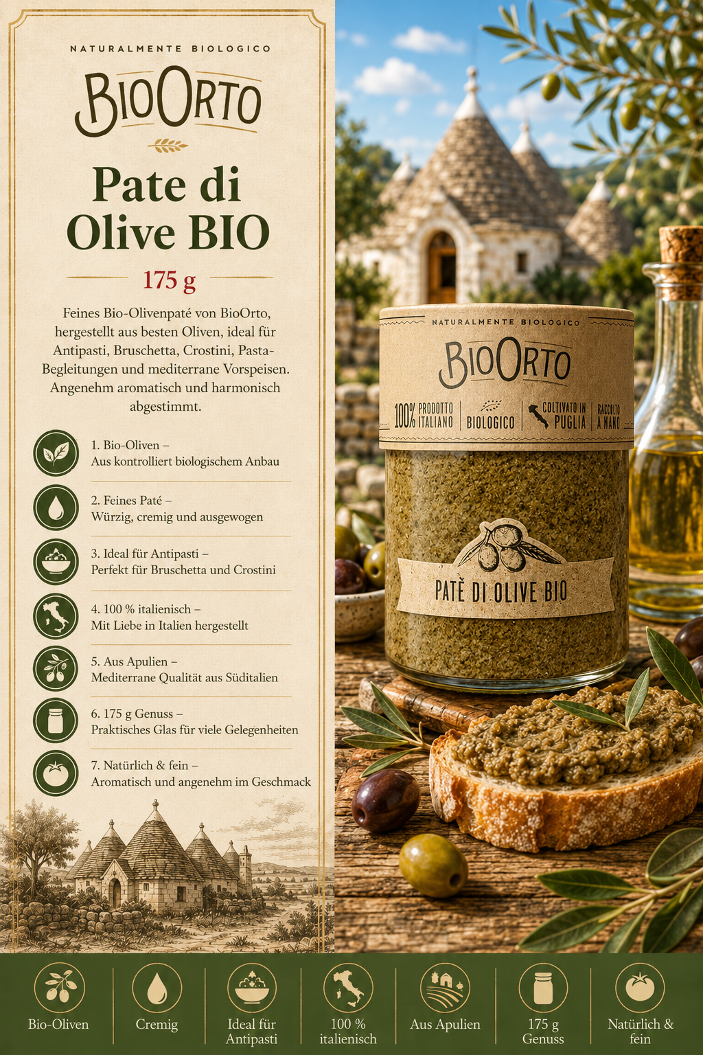 Olivenpaste, Bio, Pâte di Olive, Glas jar, Italienisch