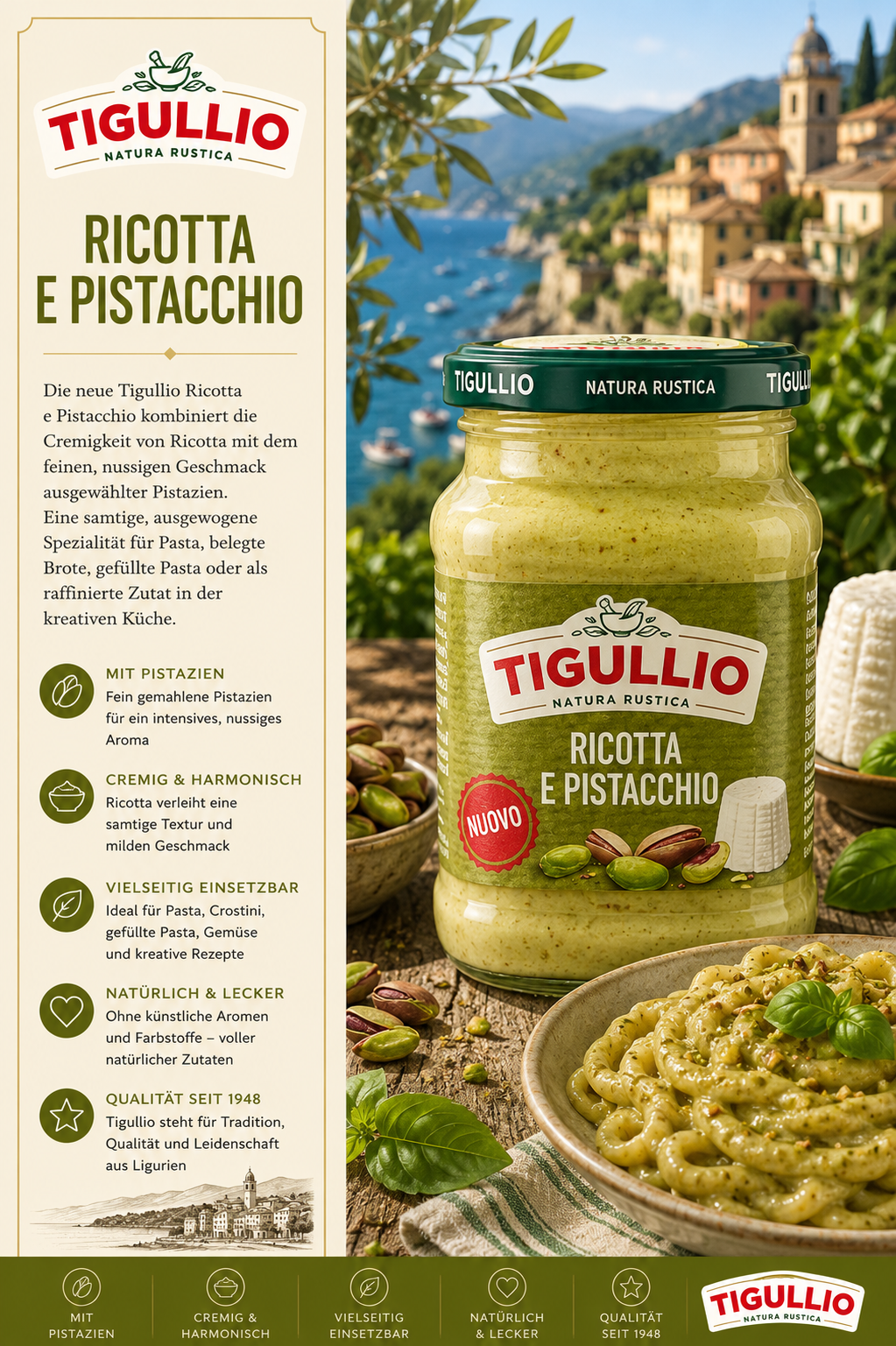 Ricotta, Pistazien, Glas, Nudeln, Tigullio