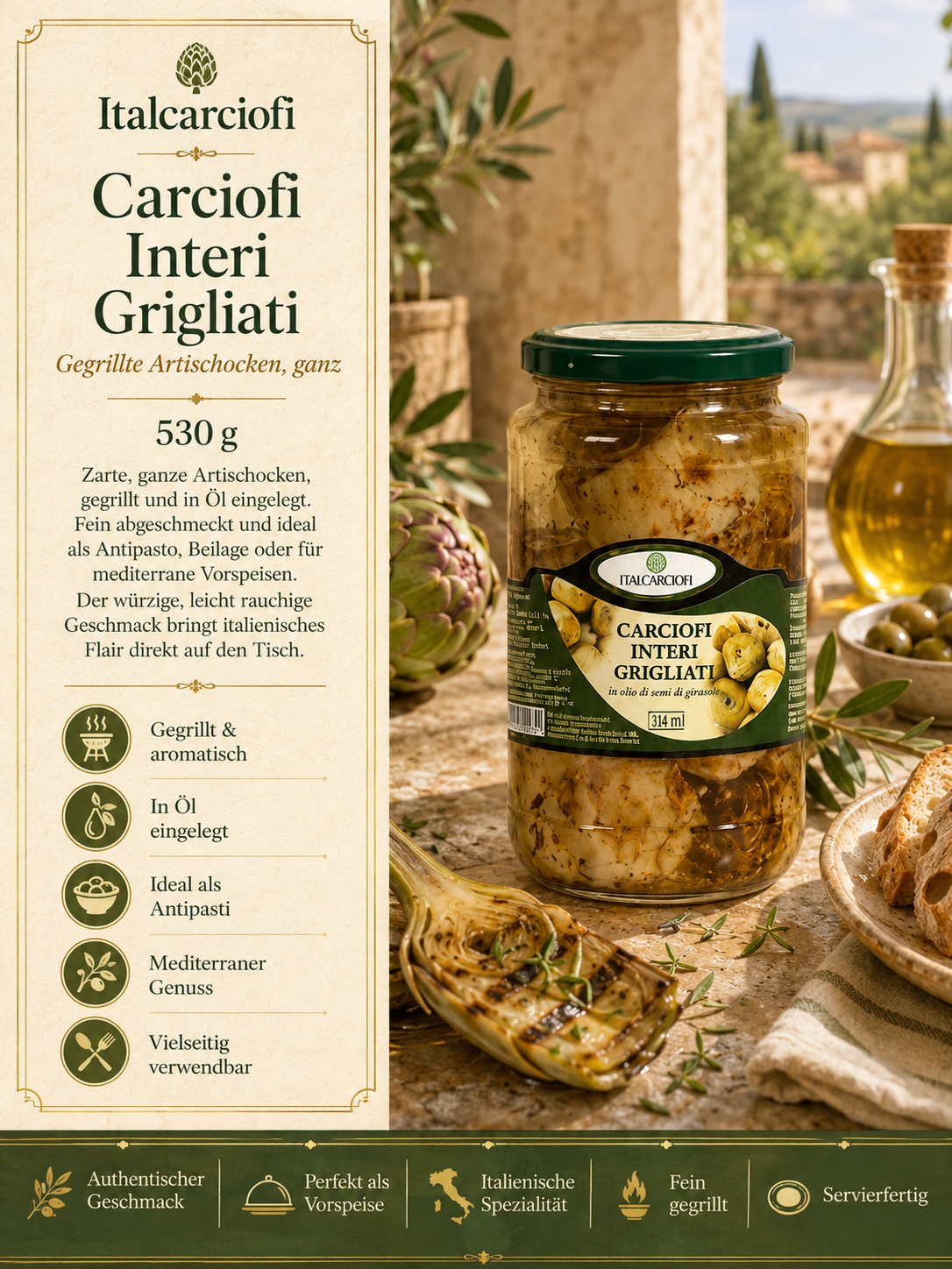 Glasbuttjar, Artischocken, Grillgemüse, Olys Öl-in-Glas, Italienische Spezialität