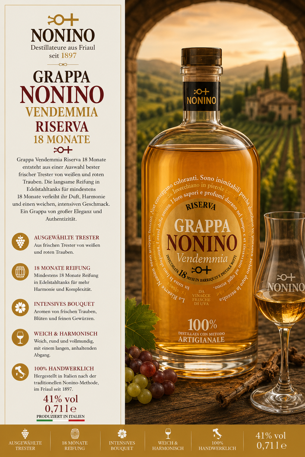 Grappa, Nonino, Vendemmia, Riserva, 18 Monate