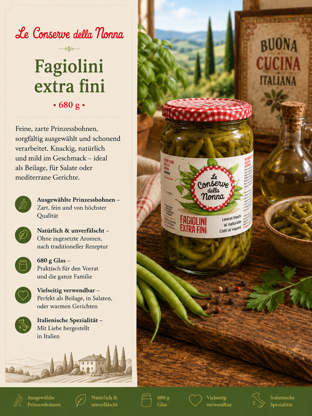 Fagolini, extra fein, Glas, Bohnen, Italienische Spezialität