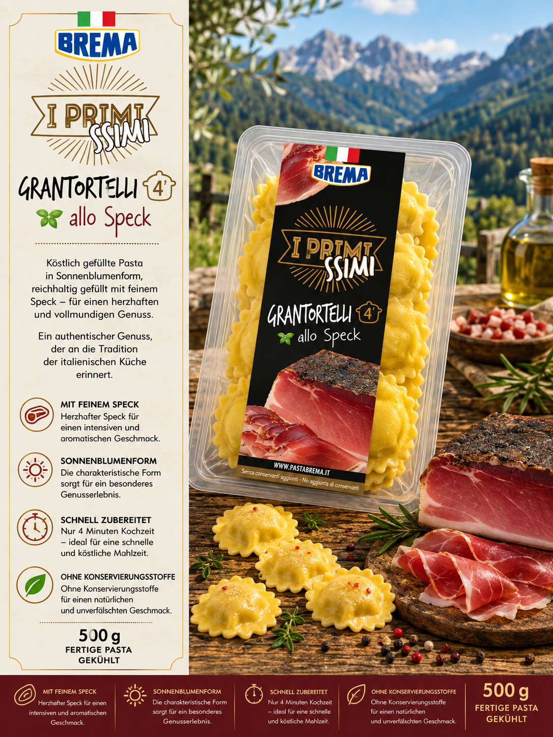 pasta, gnocchi?, grainless?, pasta-dish, speck, italian pasta, tagliatelle?, grantortelli, pasta packaging, Pasta, Grantortelli, Speck, Pastaprodukt, Kühlung